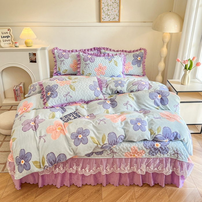 金梦家居 2025新款高克重牛奶绒印花床盖四件套 浪漫花开