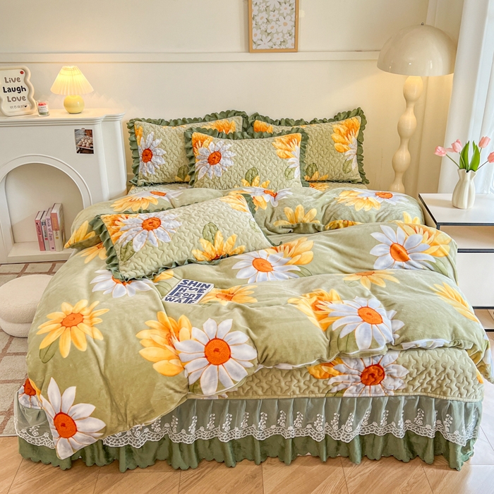 金梦家居 2025新款高克重牛奶绒印花床盖四件套 向阳花开