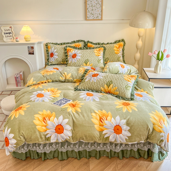 91家纺网 家纺一手货源 找家纺 金梦家居 2025新款高克重牛奶绒印花床盖四件套 向阳花开