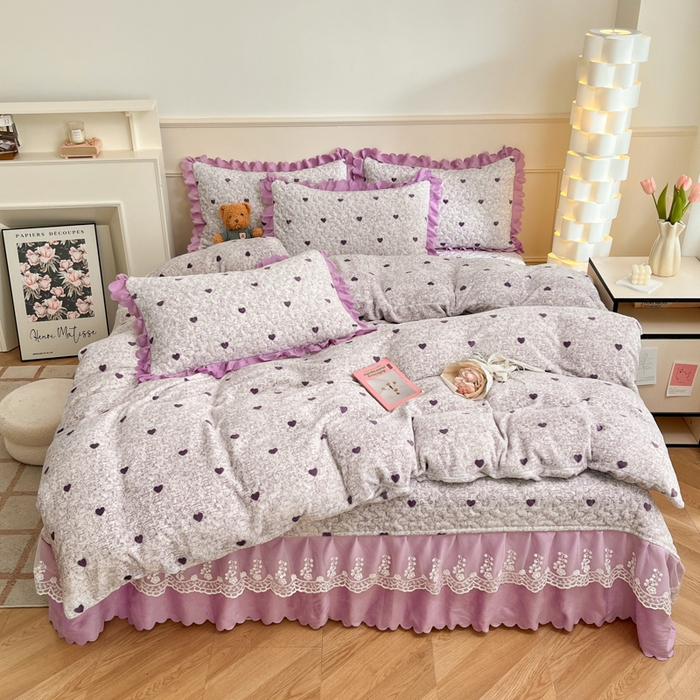 金梦家居 2025新款高克重牛奶绒印花床盖四件套 紫色爱心