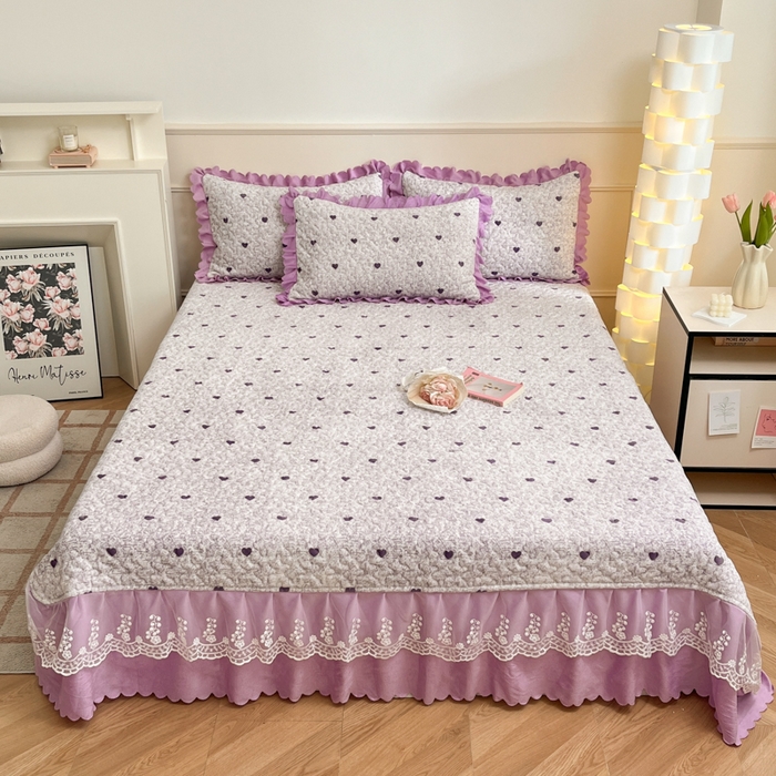 91家纺网 家纺一手货源 找家纺 金梦家居 2025新款高克重牛奶绒印花床盖四件套 紫色爱心