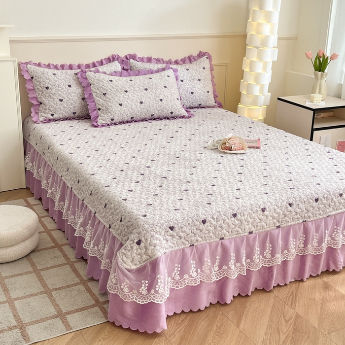 91家纺网 家纺一手货源 找家纺 金梦家居 2025新款高克重牛奶绒印花床盖四件套 紫色爱心