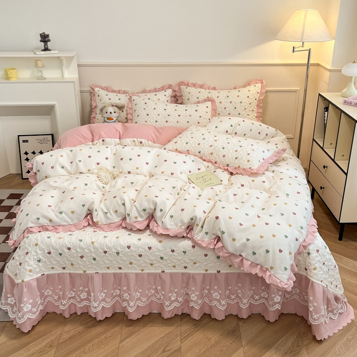 91家纺网 家纺一手货源 找家纺 金梦家居 2025新款针织棉床盖夏被四件套 彩色爱心