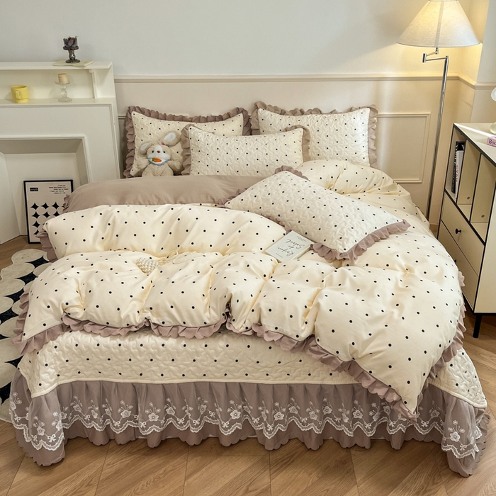 91家纺网 家纺一手货源 找家纺 金梦家居 2025新款针织棉床盖夏被四件套 奶油波点