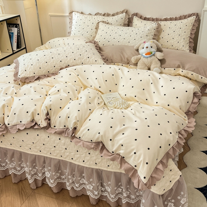 91家纺网 家纺一手货源 找家纺 金梦家居 2025新款针织棉床盖夏被四件套 奶油波点