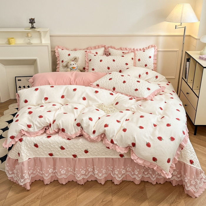 91家纺网 家纺一手货源 找家纺 金梦家居 2025新款针织棉床盖夏被四件套 草莓多多