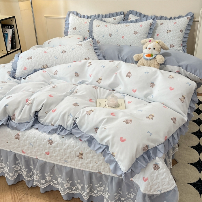 91家纺网 家纺一手货源 找家纺 金梦家居 2025新款针织棉床盖夏被四件套 爱心萌宠