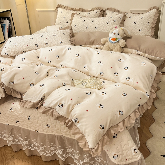 91家纺网 家纺一手货源 找家纺 金梦家居 2025新款针织棉床盖夏被四件套 可爱狗狗