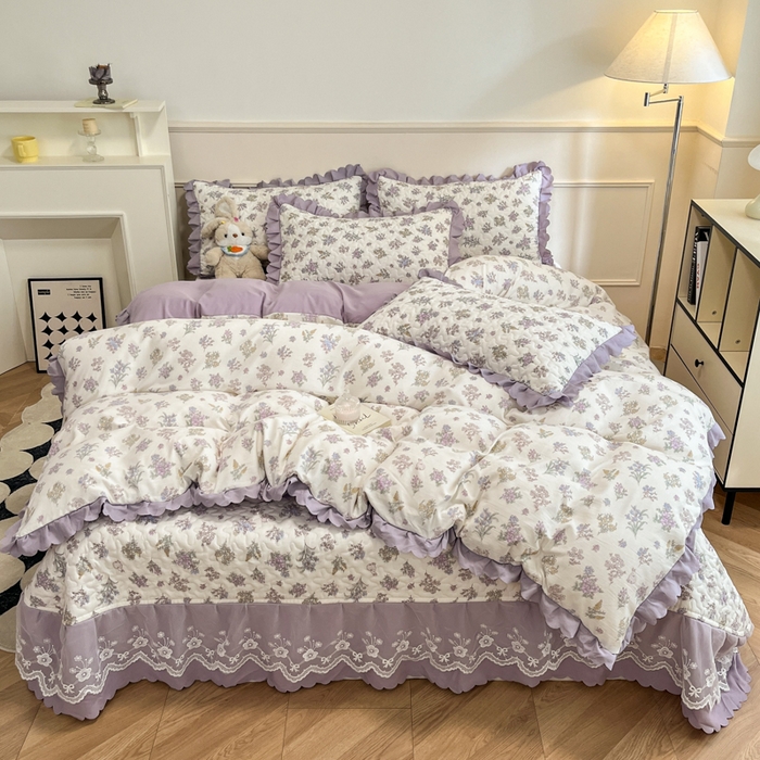 91家纺网 家纺一手货源 找家纺 金梦家居 2025新款针织棉床盖夏被四件套 薰衣草