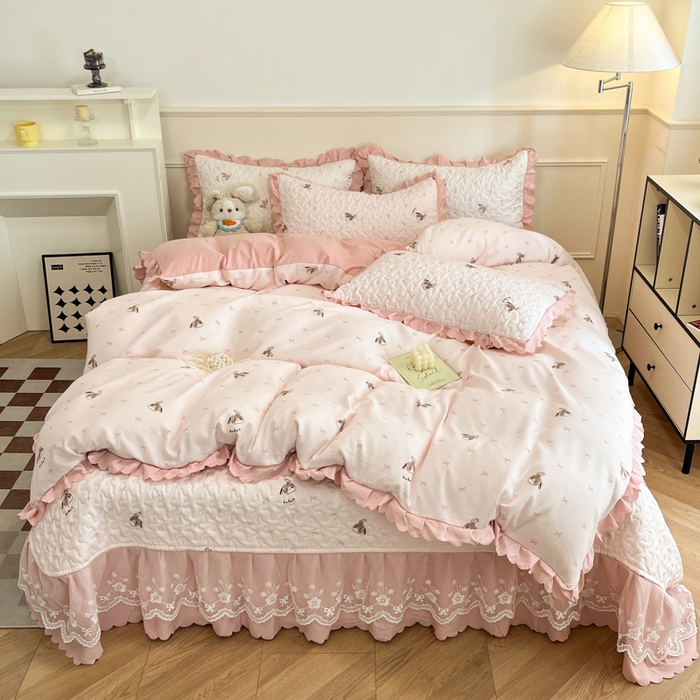 91家纺网 家纺一手货源 找家纺 金梦家居 2025新款针织棉床盖夏被四件套 菲菲兔