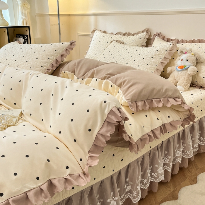 91家纺网 家纺一手货源 找家纺 金梦家居 2025新款针织棉床盖夏被四件套 奶油波点