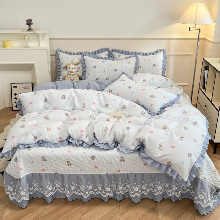 91家纺网 家纺一手货源 找家纺 金梦家居 2025新款针织棉床盖夏被四件套 爱心萌宠