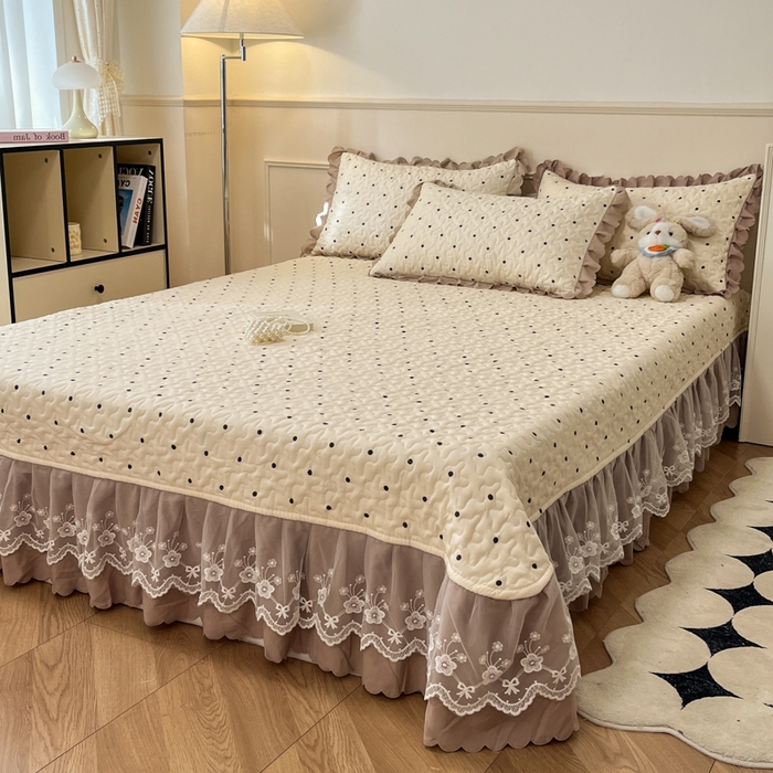 91家纺网 家纺一手货源 找家纺 金梦家居 2025新款针织棉床盖夏被四件套 奶油波点