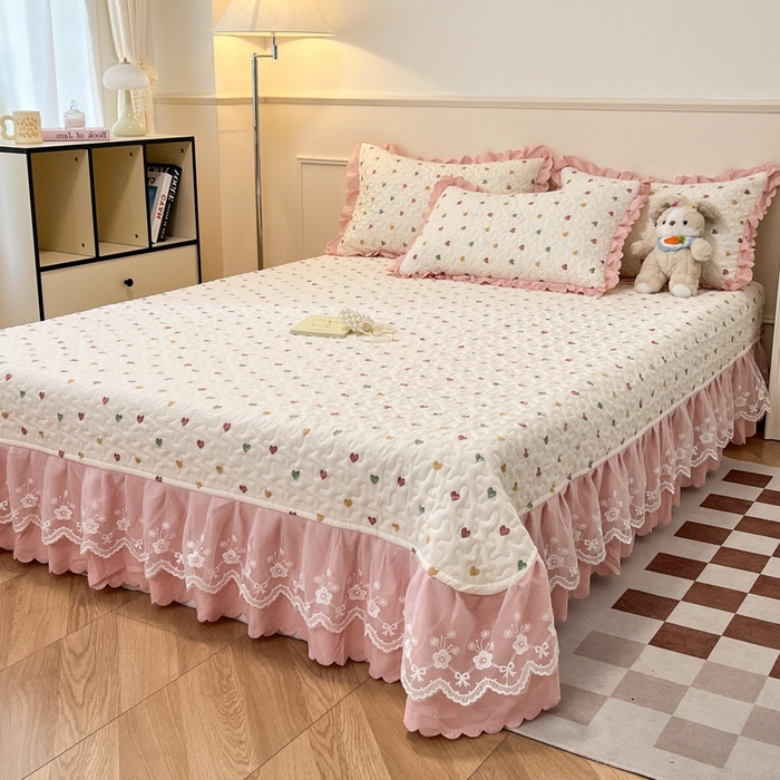 91家纺网 家纺一手货源 找家纺 金梦家居 2025新款针织棉床盖夏被四件套 彩色爱心