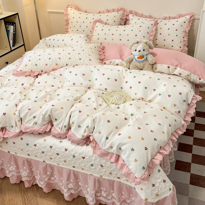 91家纺网 家纺一手货源 找家纺 金梦家居 2025新款针织棉床盖夏被四件套 彩色爱心