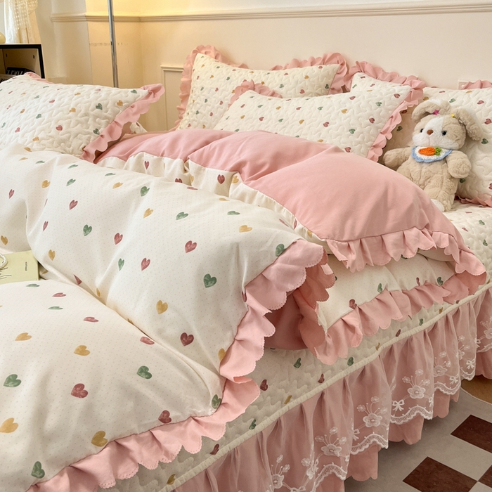 91家纺网 家纺一手货源 找家纺 金梦家居 2025新款针织棉床盖夏被四件套 彩色爱心