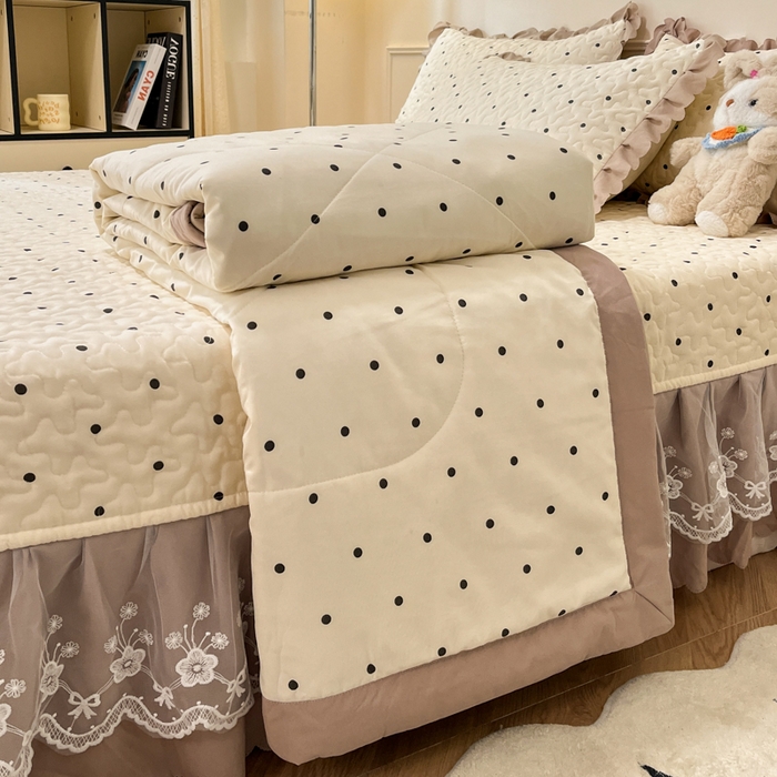 金梦家居 2025新款针织棉床盖夏被四件套 奶油波点