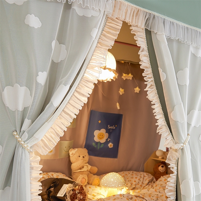 91家纺网 家纺一手货源 找家纺 飞轮海蚊帐 2025新款雪尼尔法式遮光床帘-XD系列 云朵-绿