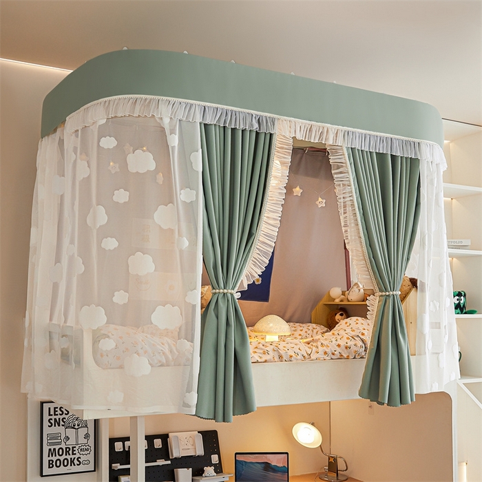 91家纺网 家纺一手货源 找家纺 飞轮海蚊帐 2025新款雪尼尔法式遮光床帘-XD系列 云朵-绿