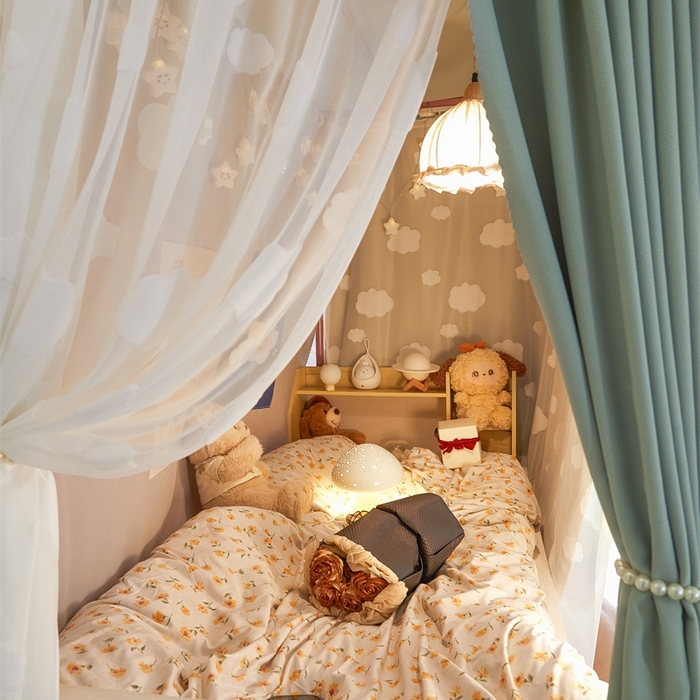 91家纺网 家纺一手货源 找家纺 飞轮海蚊帐 2025新款雪尼尔法式遮光床帘-XD系列 云朵-绿