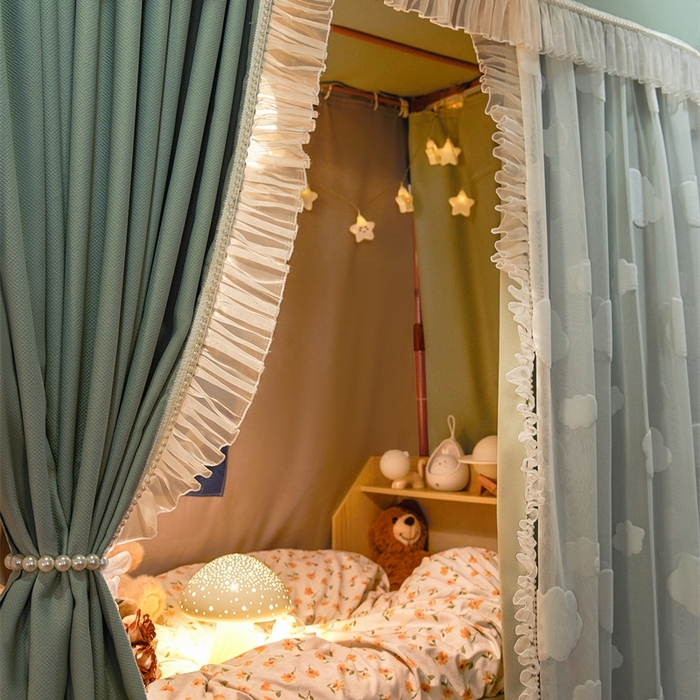 91家纺网 家纺一手货源 找家纺 飞轮海蚊帐 2025新款雪尼尔法式遮光床帘-XD系列 云朵-绿