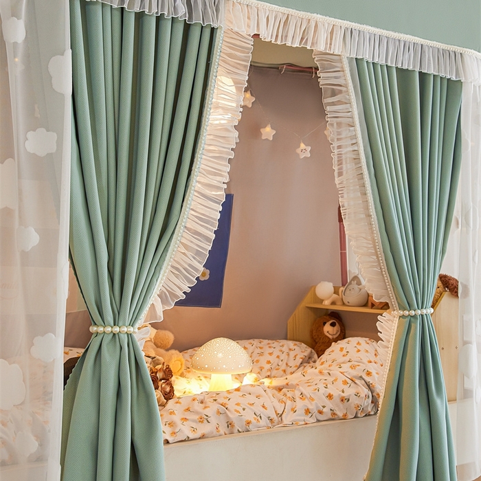 91家纺网 家纺一手货源 找家纺 飞轮海蚊帐 2025新款雪尼尔法式遮光床帘-XD系列 云朵-绿