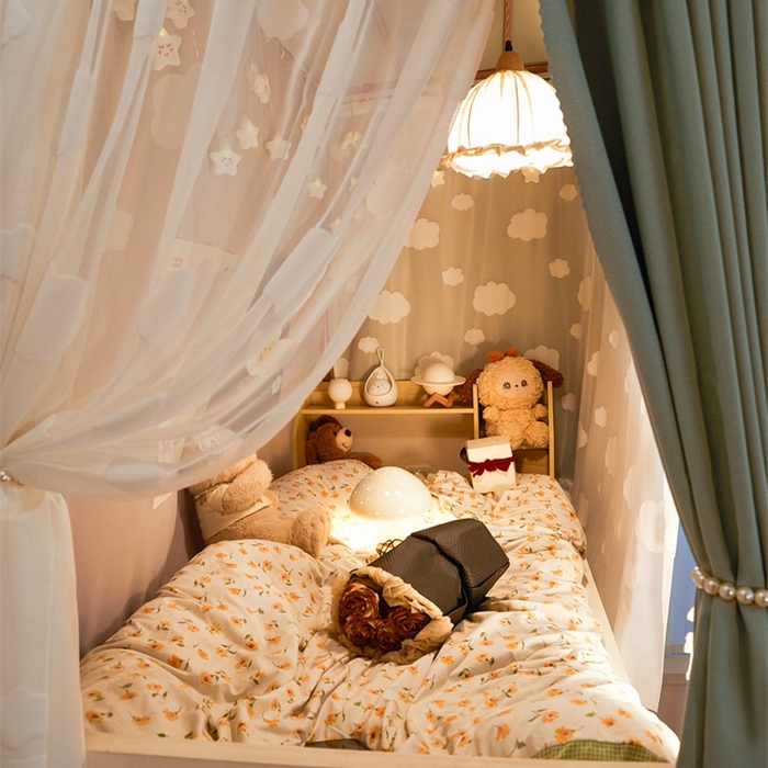 91家纺网 家纺一手货源 找家纺 飞轮海蚊帐 2025新款雪尼尔法式遮光床帘-XD系列 云朵-绿