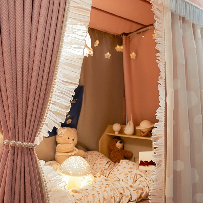 91家纺网 家纺一手货源 找家纺 飞轮海蚊帐 2025新款雪尼尔法式遮光床帘-XD系列 云朵-粉