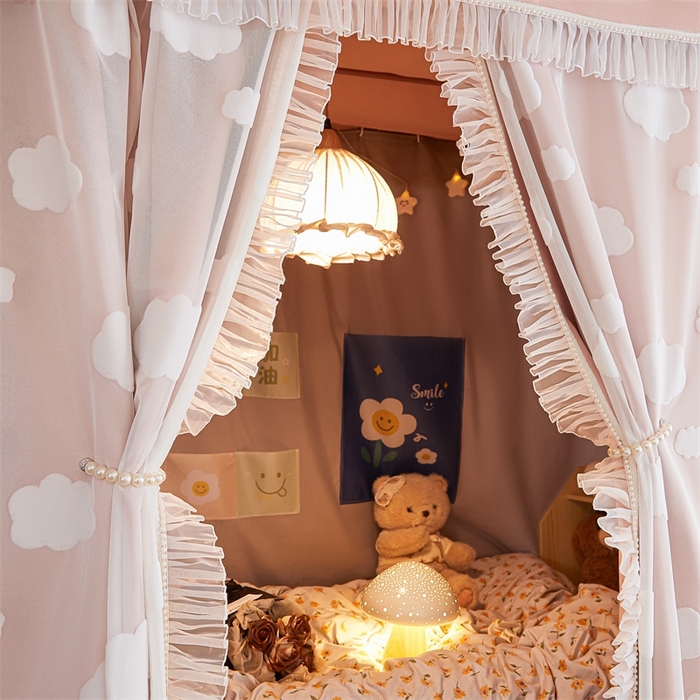 91家纺网 家纺一手货源 找家纺 飞轮海蚊帐 2025新款雪尼尔法式遮光床帘-XD系列 云朵-粉