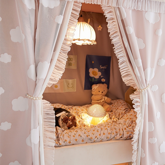 91家纺网 家纺一手货源 找家纺 飞轮海蚊帐 2025新款雪尼尔法式遮光床帘-XD系列 云朵-粉