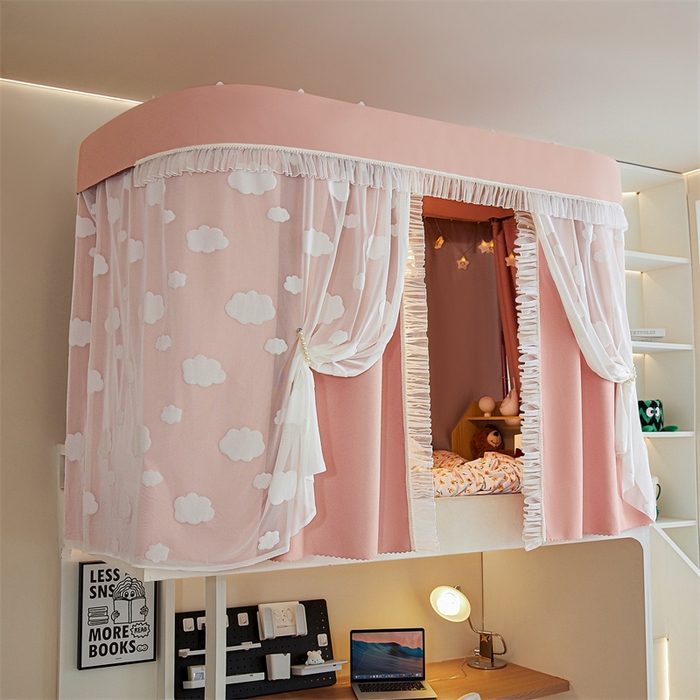 91家纺网 家纺一手货源 找家纺 飞轮海蚊帐 2025新款雪尼尔法式遮光床帘-XD系列 云朵-粉