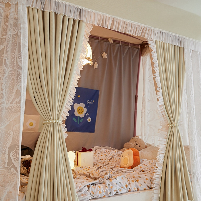 91家纺网 家纺一手货源 找家纺 飞轮海蚊帐 2025新款雪尼尔法式遮光床帘-XD系列 芭蕉叶-香槟