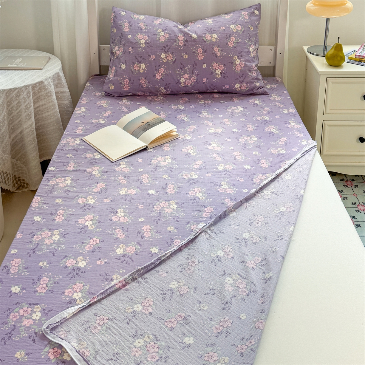 91家纺网 家纺一手货源 找家纺 多品家纺 2025新款超柔双层纱学生宿舍单品床垫套 紫烟