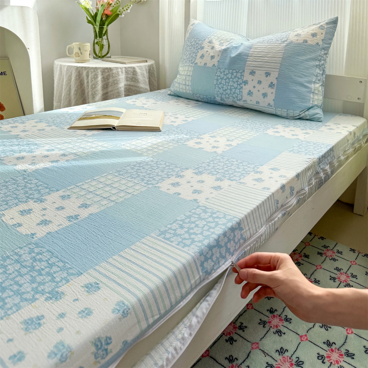 91家纺网 家纺一手货源 找家纺 多品家纺 2025新款超柔双层纱学生宿舍单品床垫套 兰花园