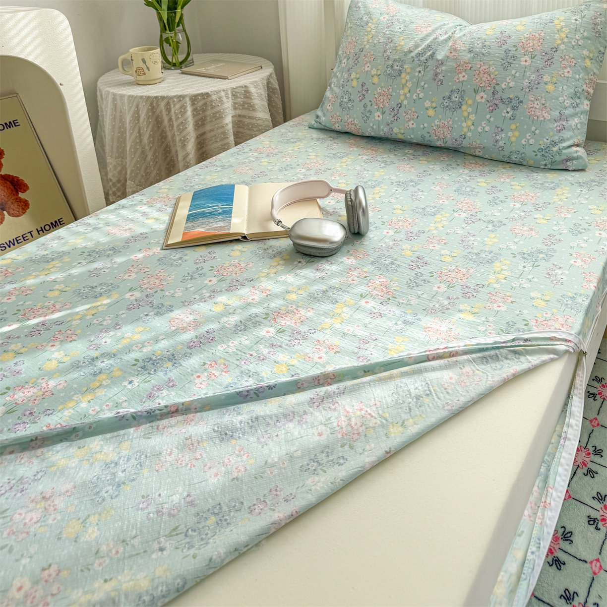 91家纺网 家纺一手货源 找家纺 多品家纺 2025新款超柔双层纱学生宿舍单品床垫套 清荷