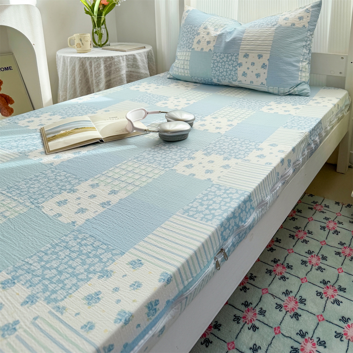 91家纺网 家纺一手货源 找家纺 多品家纺 2025新款超柔双层纱学生宿舍单品床垫套 兰花园