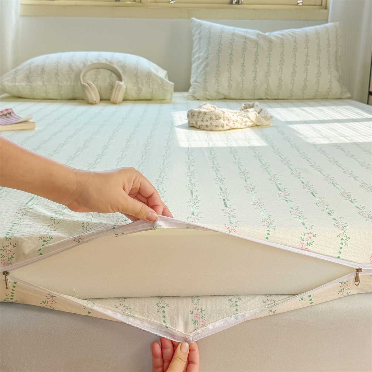 91家纺网 家纺一手货源 找家纺 多品家纺 2025新款超柔双层纱大床单品床垫套 绿藤