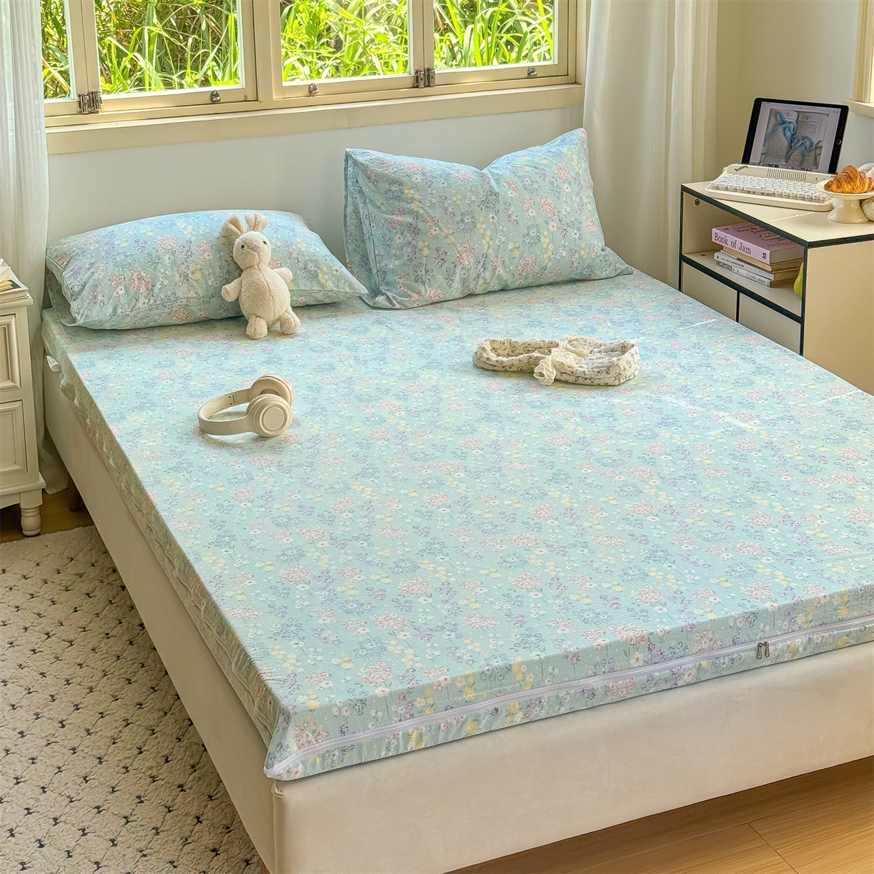 91家纺网 家纺一手货源 找家纺 多品家纺 2025新款超柔双层纱大床单品床垫套 清荷