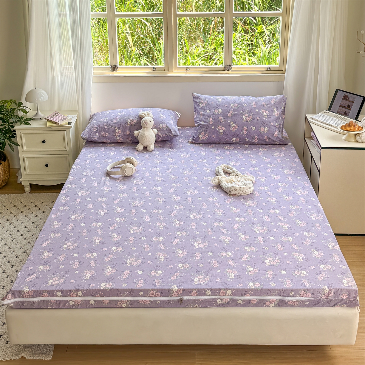 91家纺网 家纺一手货源 找家纺 多品家纺 2025新款超柔双层纱大床单品床垫套 紫烟