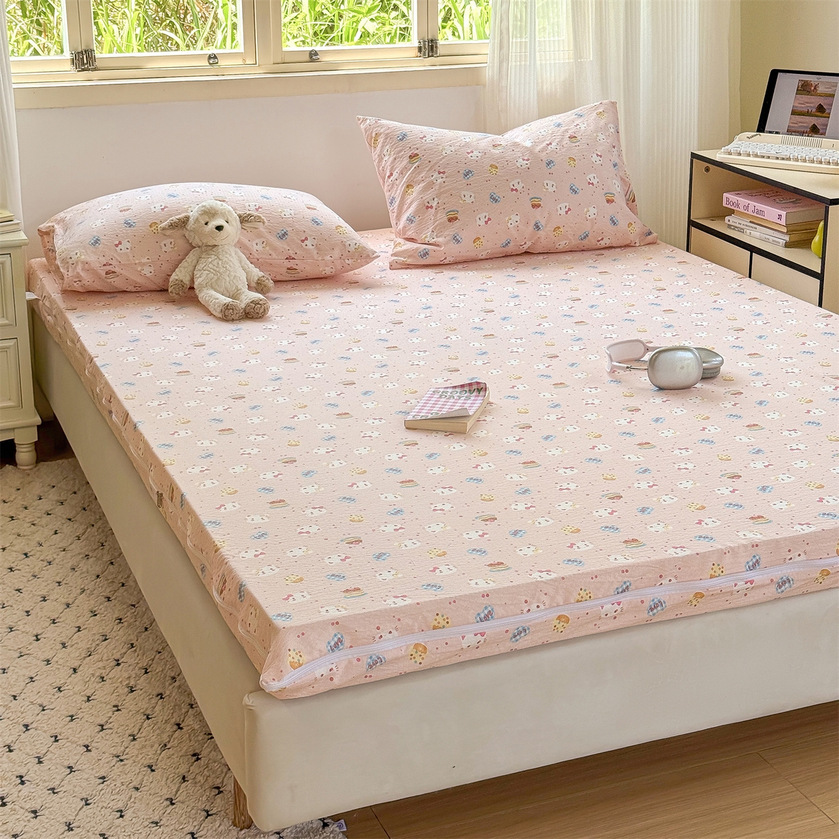 91家纺网 家纺一手货源 找家纺 多品家纺 2025新款超柔双层纱大床单品床垫套 布丁猫