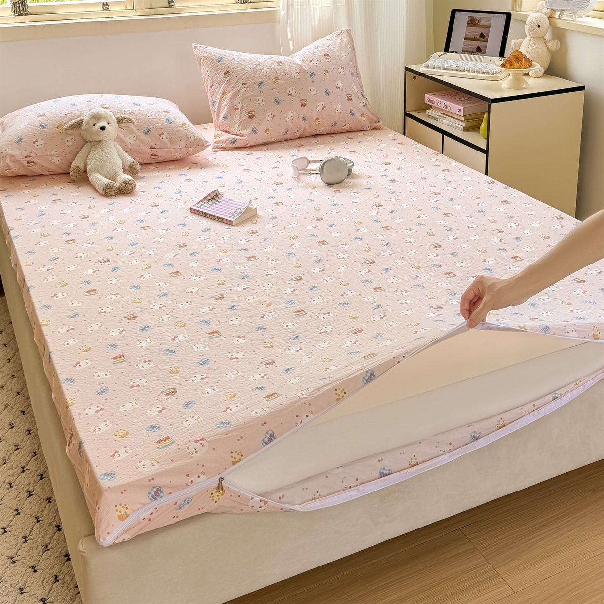 91家纺网 家纺一手货源 找家纺 多品家纺 2025新款超柔双层纱大床单品床垫套 布丁猫