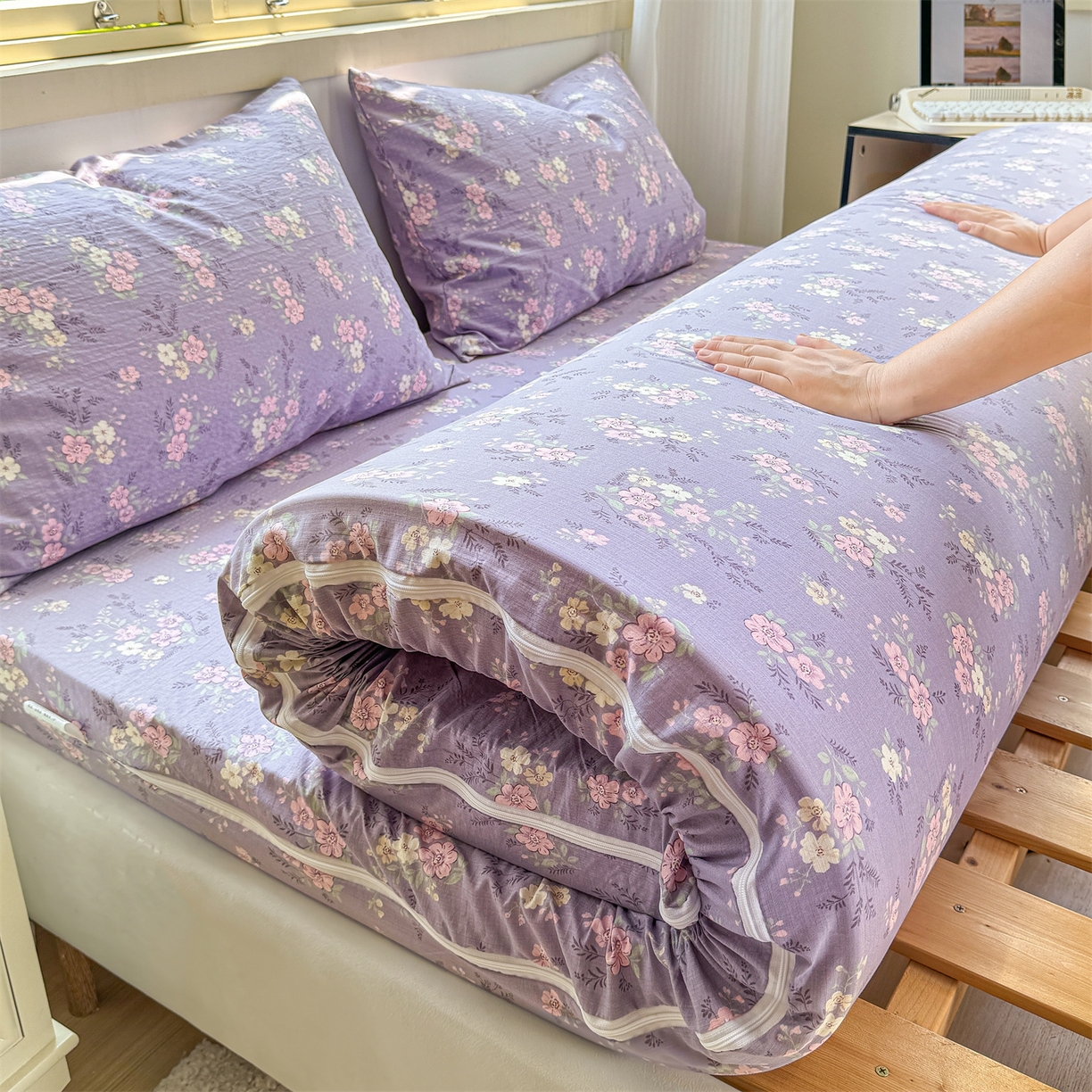 91家纺网 家纺一手货源 找家纺 多品家纺 2025新款超柔双层纱大床单品床垫套 紫烟