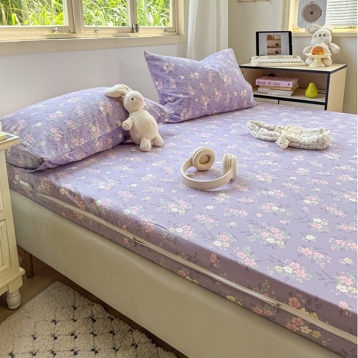 91家纺网 家纺一手货源 找家纺 多品家纺 2025新款超柔双层纱大床单品床垫套 紫烟