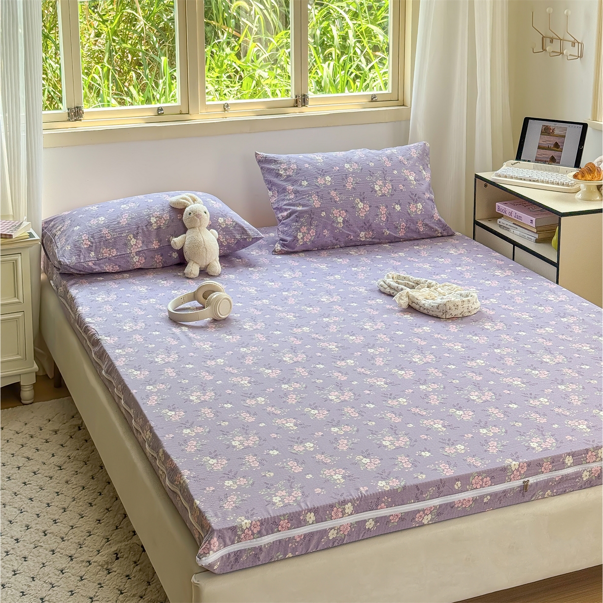 91家纺网 家纺一手货源 找家纺 多品家纺 2025新款超柔双层纱大床单品床垫套 紫烟