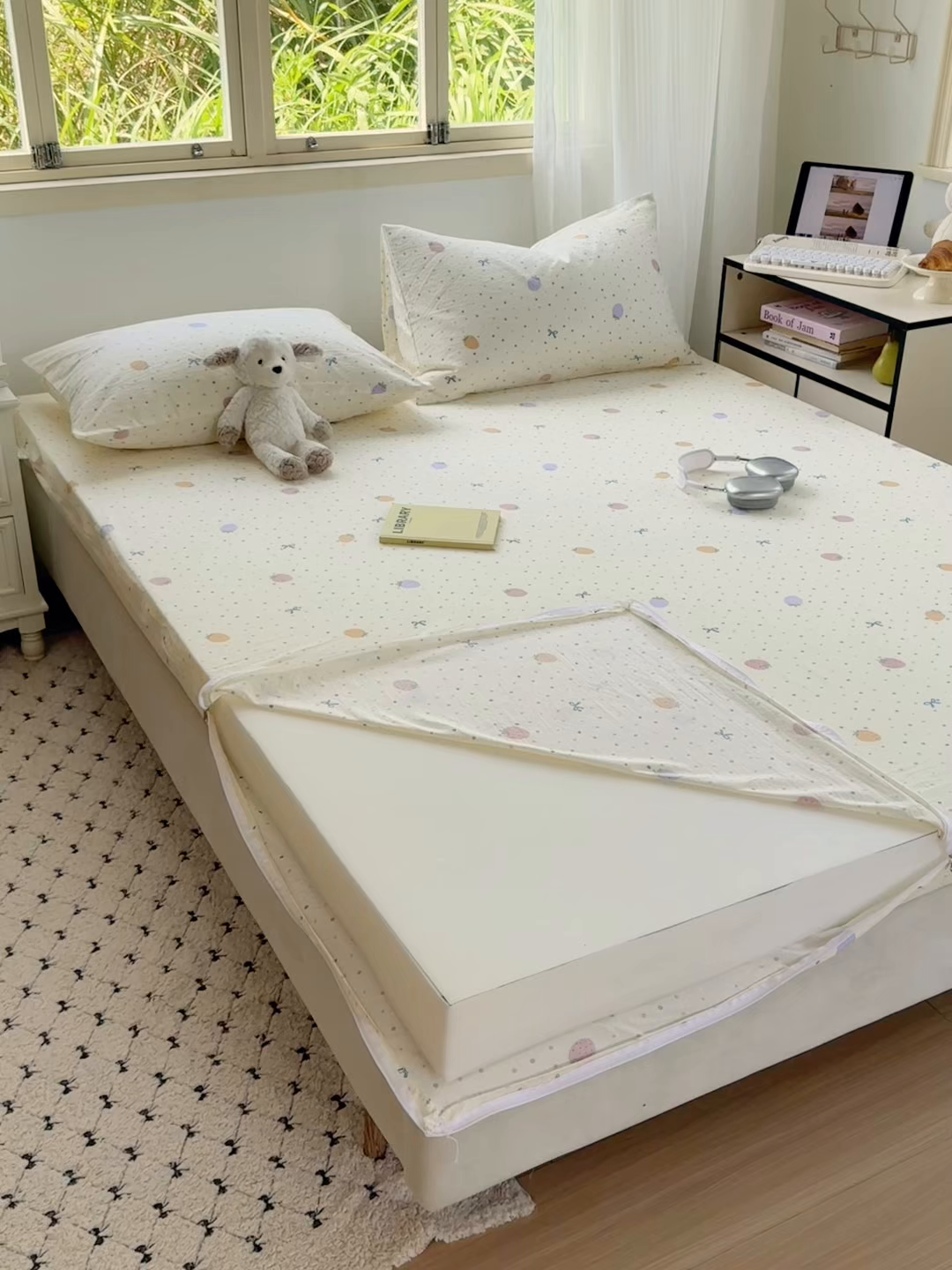 91家纺网 家纺一手货源 找家纺 多品家纺 2025新款超柔双层纱大床单品床垫套 五彩草莓