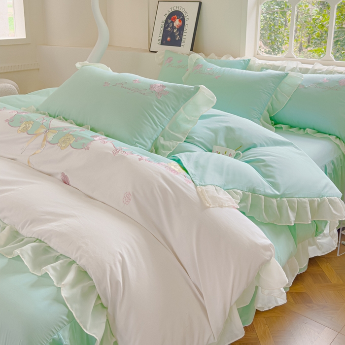 91家纺网 家纺一手货源 找家纺 花香四季家纺2025新款【纯棉】春熙系列四件套 春熙-绿