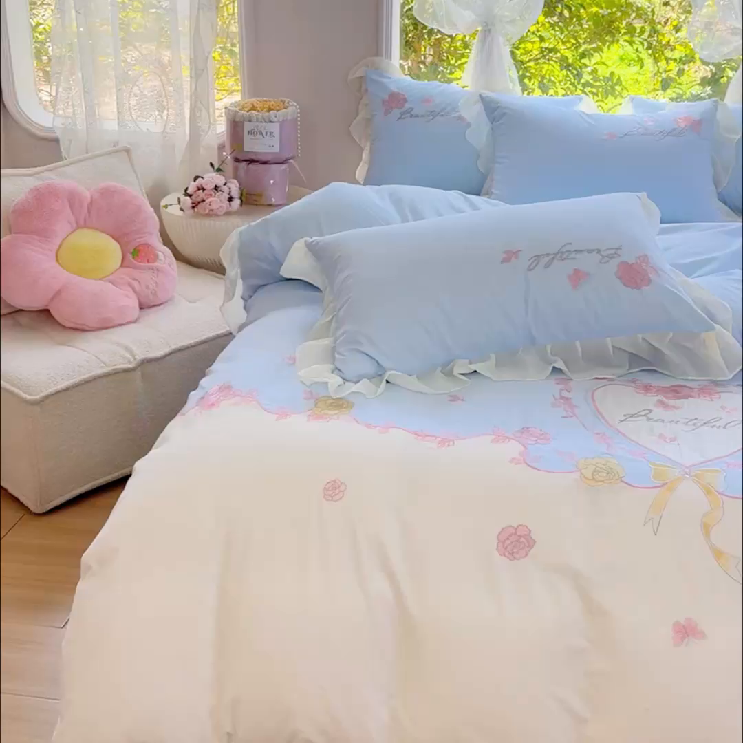 91家纺网 家纺一手货源 找家纺 花香四季家纺2025新款【纯棉】春熙系列四件套 春熙-蓝