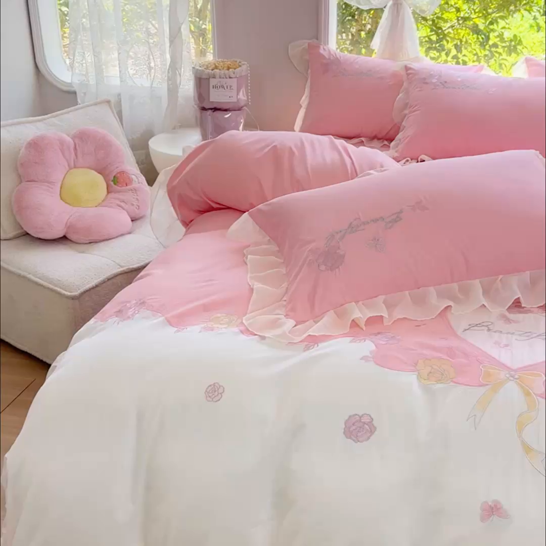 91家纺网 家纺一手货源 找家纺 花香四季家纺2025新款【纯棉】春熙系列四件套 春熙-粉