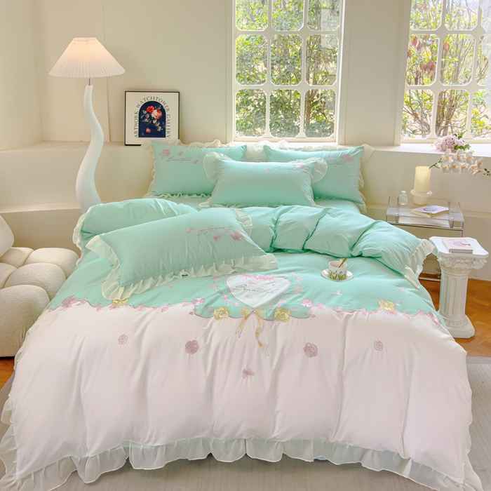 91家纺网 家纺一手货源 找家纺 花香四季家纺2025新款【纯棉】春熙系列四件套 春熙-绿