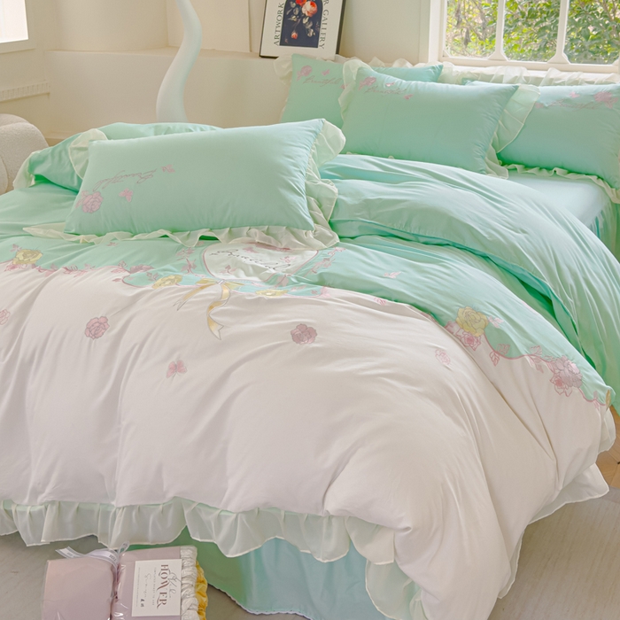 91家纺网 家纺一手货源 找家纺 花香四季家纺2025新款【纯棉】春熙系列四件套 春熙-绿